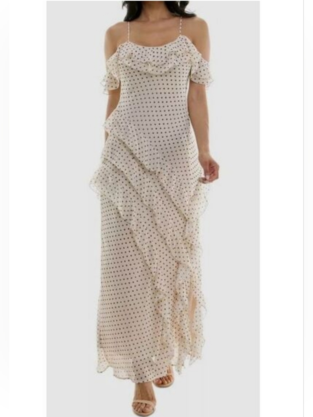 Off-Shoulder Cream Polka Dot Ruffle Maxi Dress